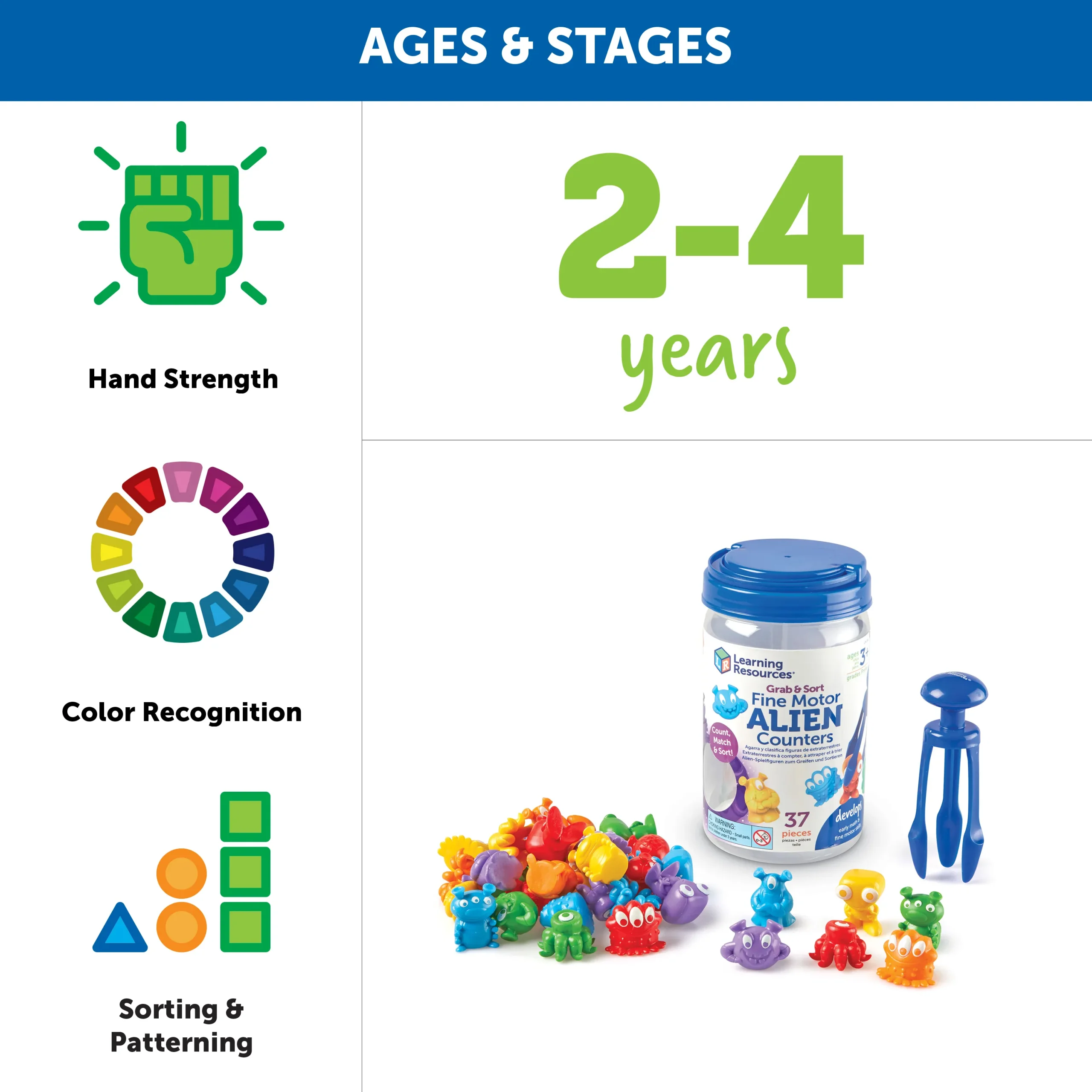 Learning Resources Puzzle Grab & Sort Fine Motor Alien Counters - Image 6